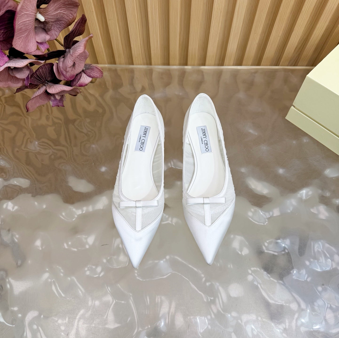 JIMMY CHOO 26S FLATS IN WHITE MESH AND SATIN