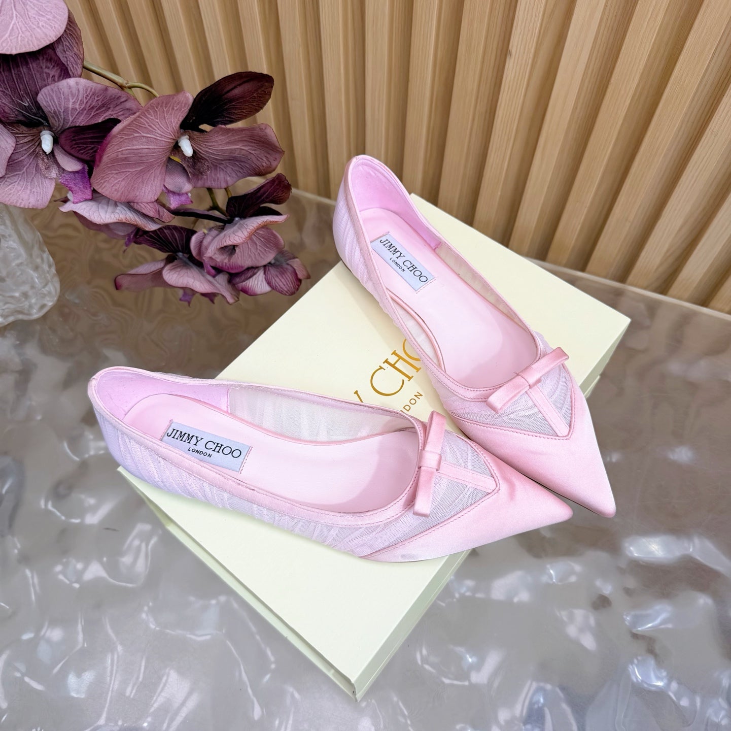 JIMMY CHOO 26S FLATS IN LIGHT PINK MESH AND SATIN