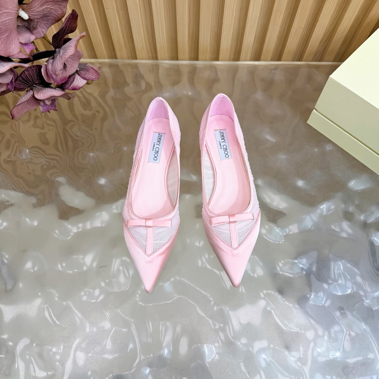 JIMMY CHOO 26S FLATS IN LIGHT PINK MESH AND SATIN