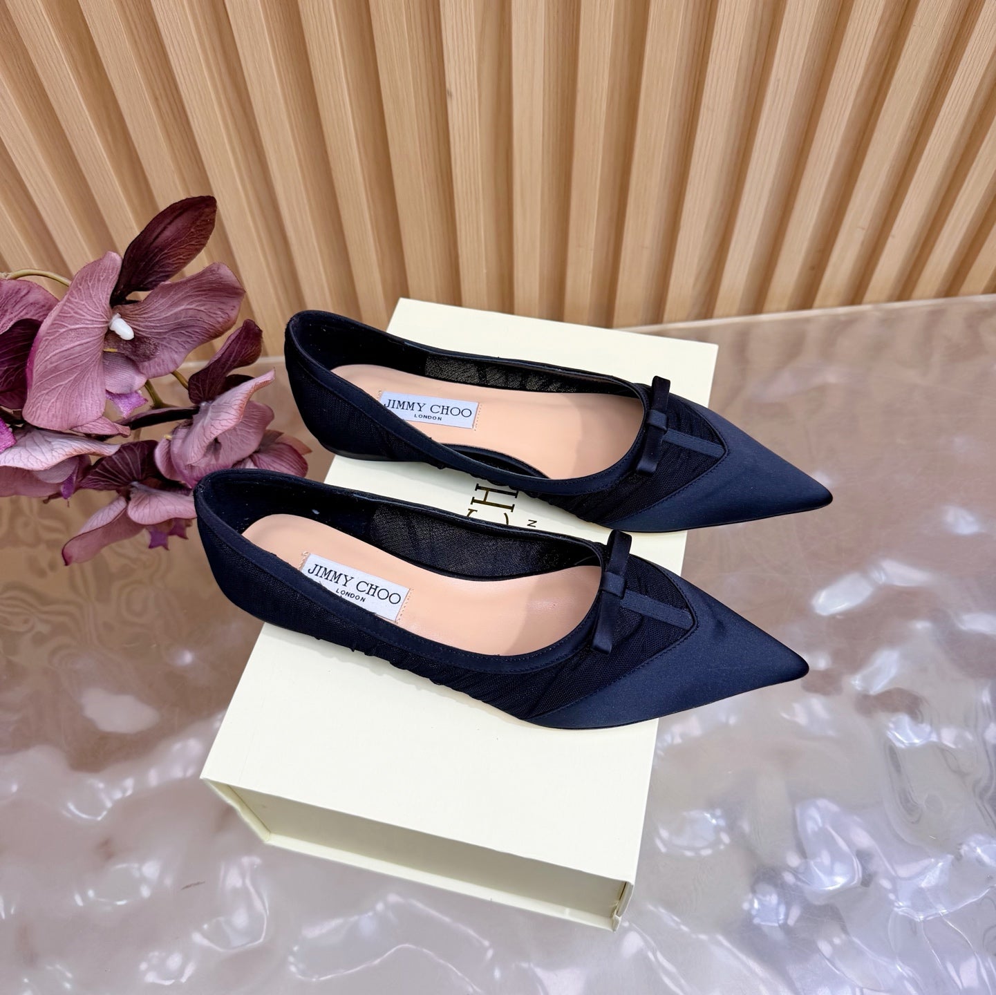 JIMMY CHOO 26S FLATS IN BLACK MESH AND SATIN