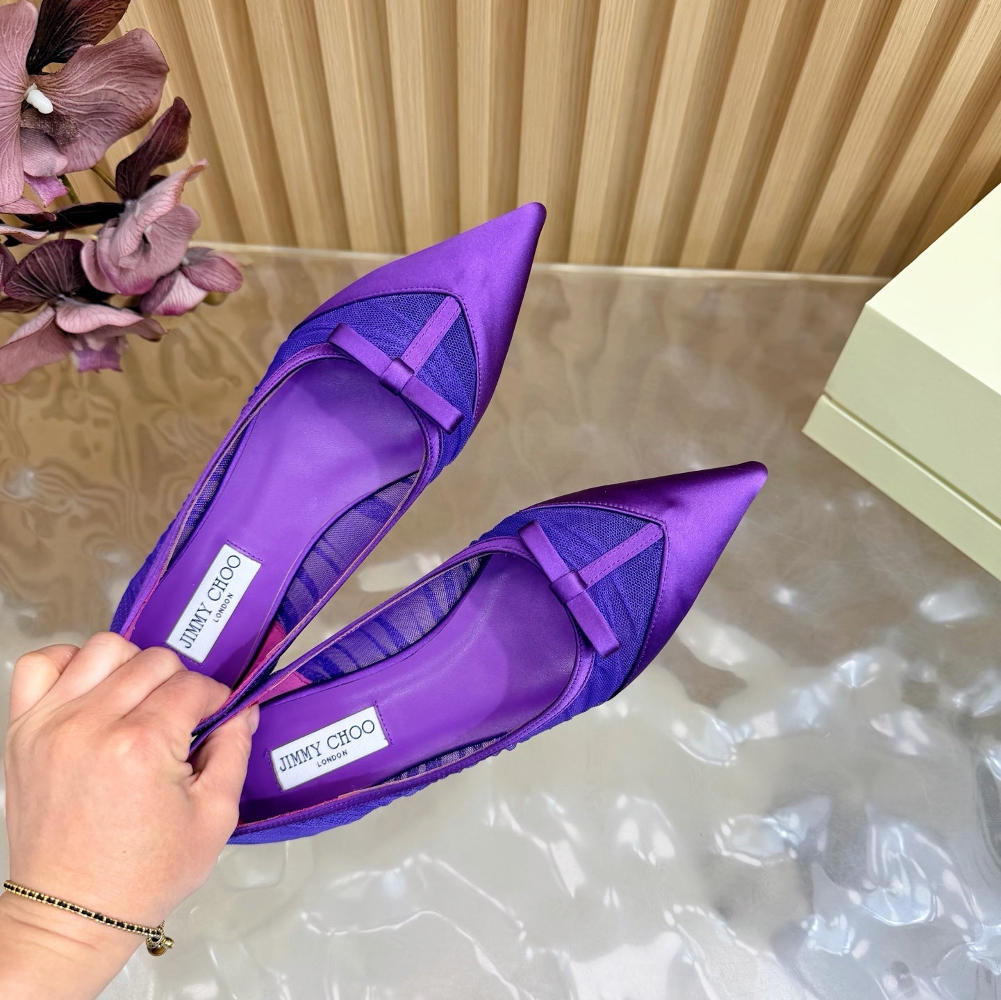 JIMMY CHOO 26S FLATS IN DARK PURPLE LACE AND SATIN