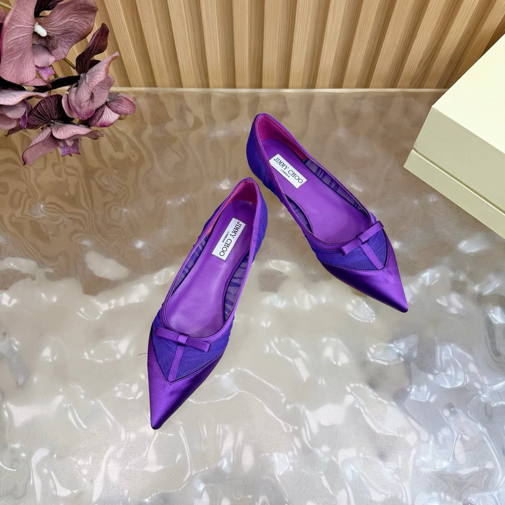 JIMMY CHOO 26S FLATS IN DARK PURPLE LACE AND SATIN