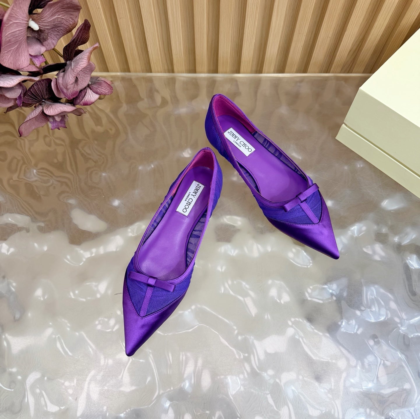 JIMMY CHOO 26S FLATS IN DARK PURPLE LACE AND SATIN