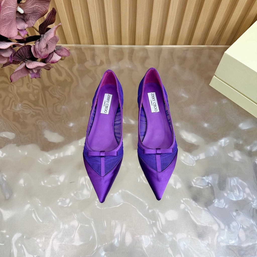 JIMMY CHOO 26S FLATS IN DARK PURPLE LACE AND SATIN