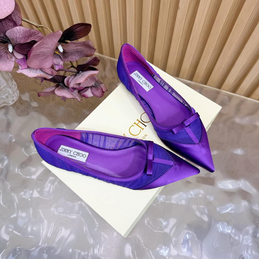 JIMMY CHOO 26S FLATS IN DARK PURPLE LACE AND SATIN