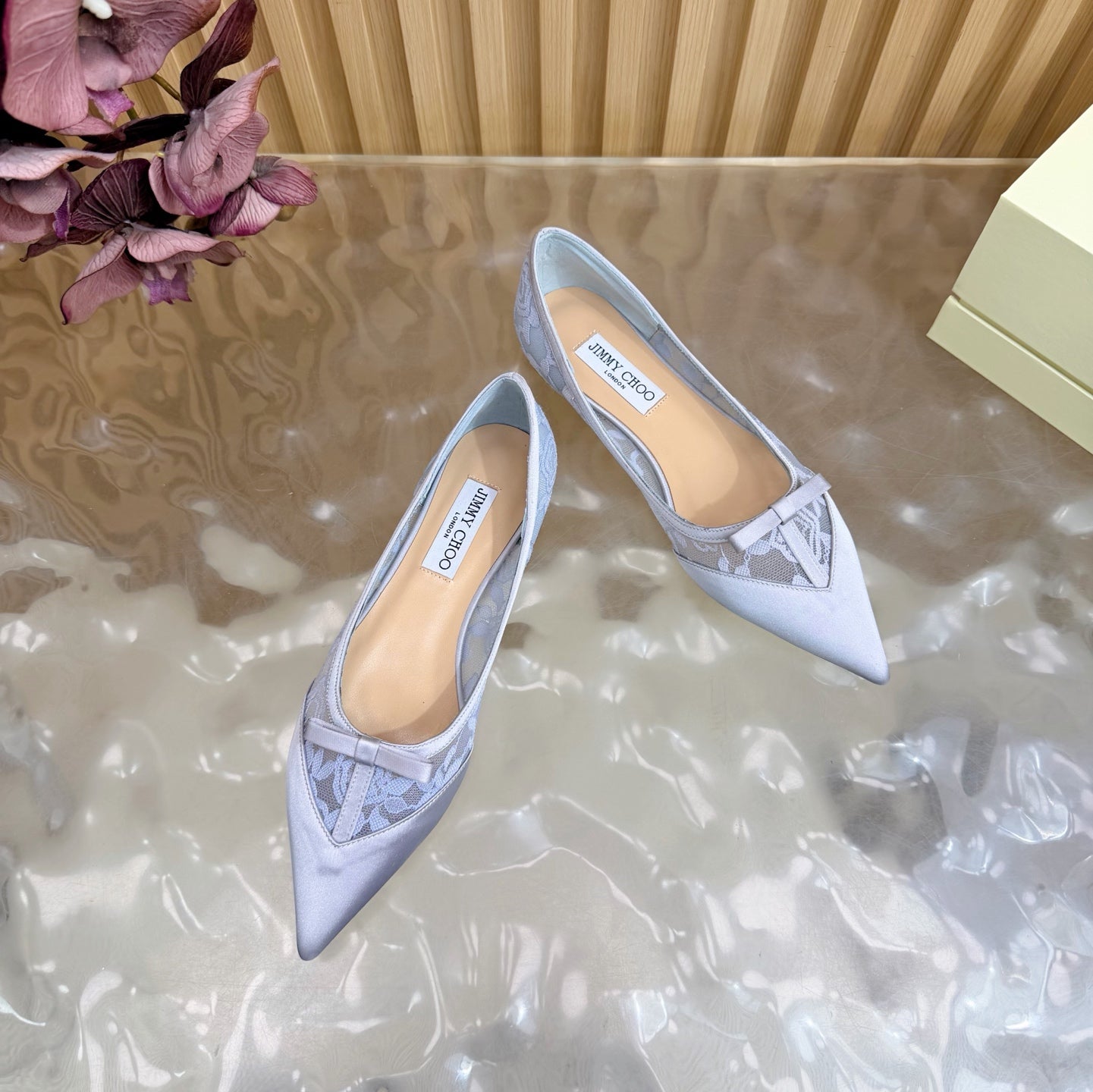 JIMMY CHOO 26S FLATS IN PASTEL BLUE LACE AND SATIN