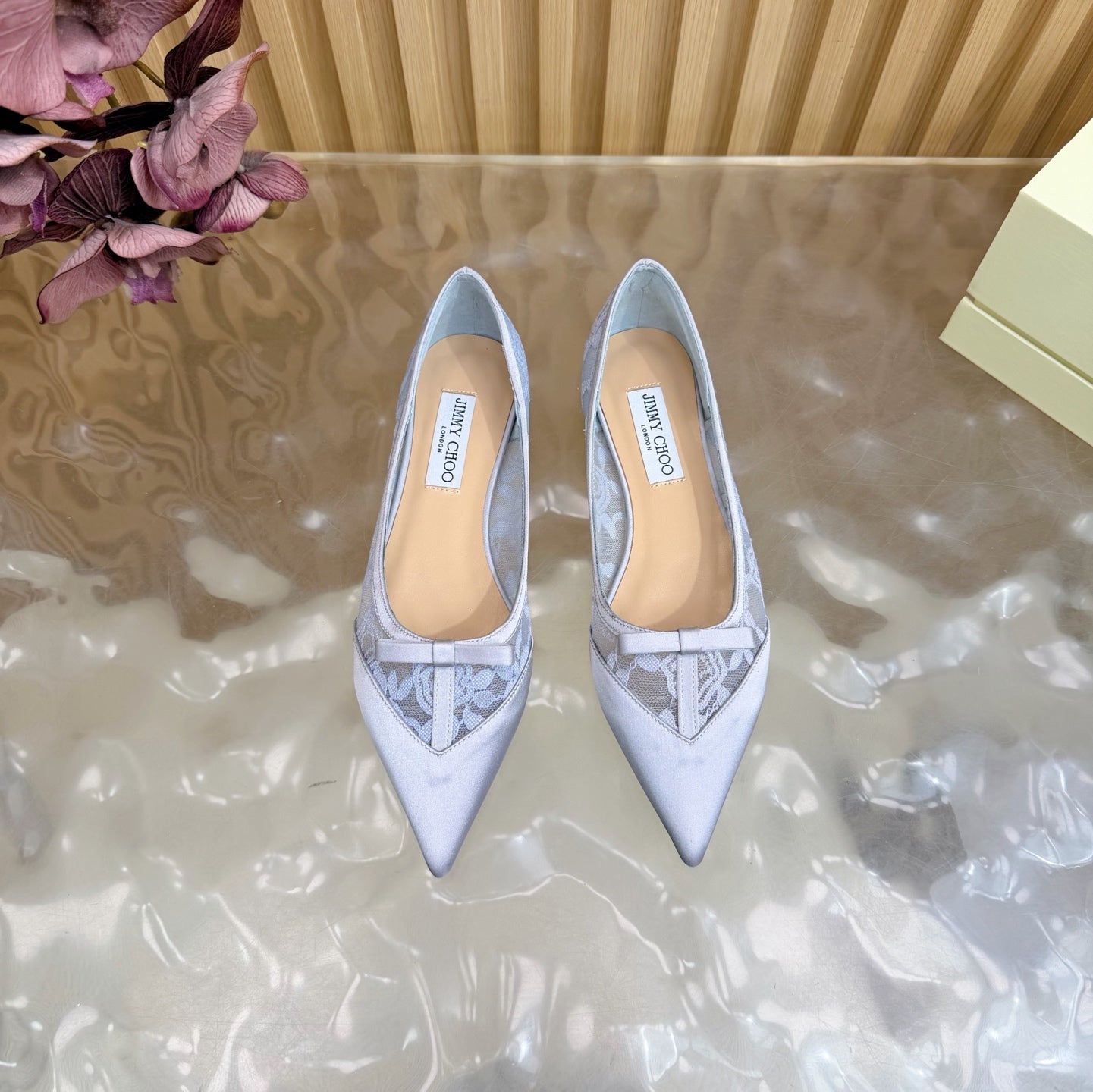 JIMMY CHOO 26S FLATS IN PASTEL BLUE LACE AND SATIN