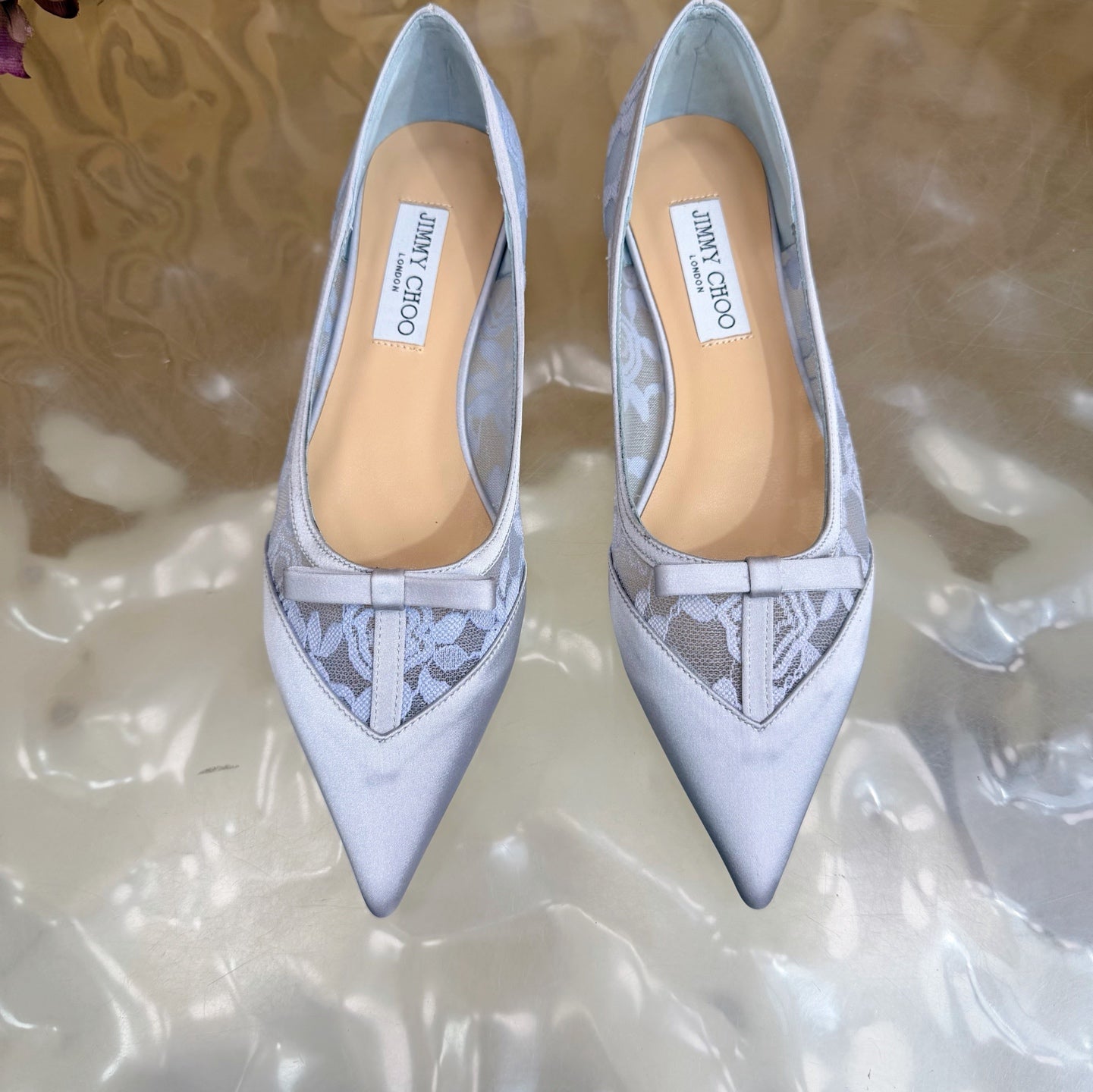 JIMMY CHOO 26S FLATS IN PASTEL BLUE LACE AND SATIN