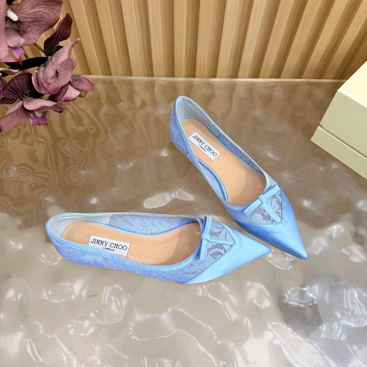 JIMMY CHOO 26S FLATS IN SKY BLUE LACE AND SATIN