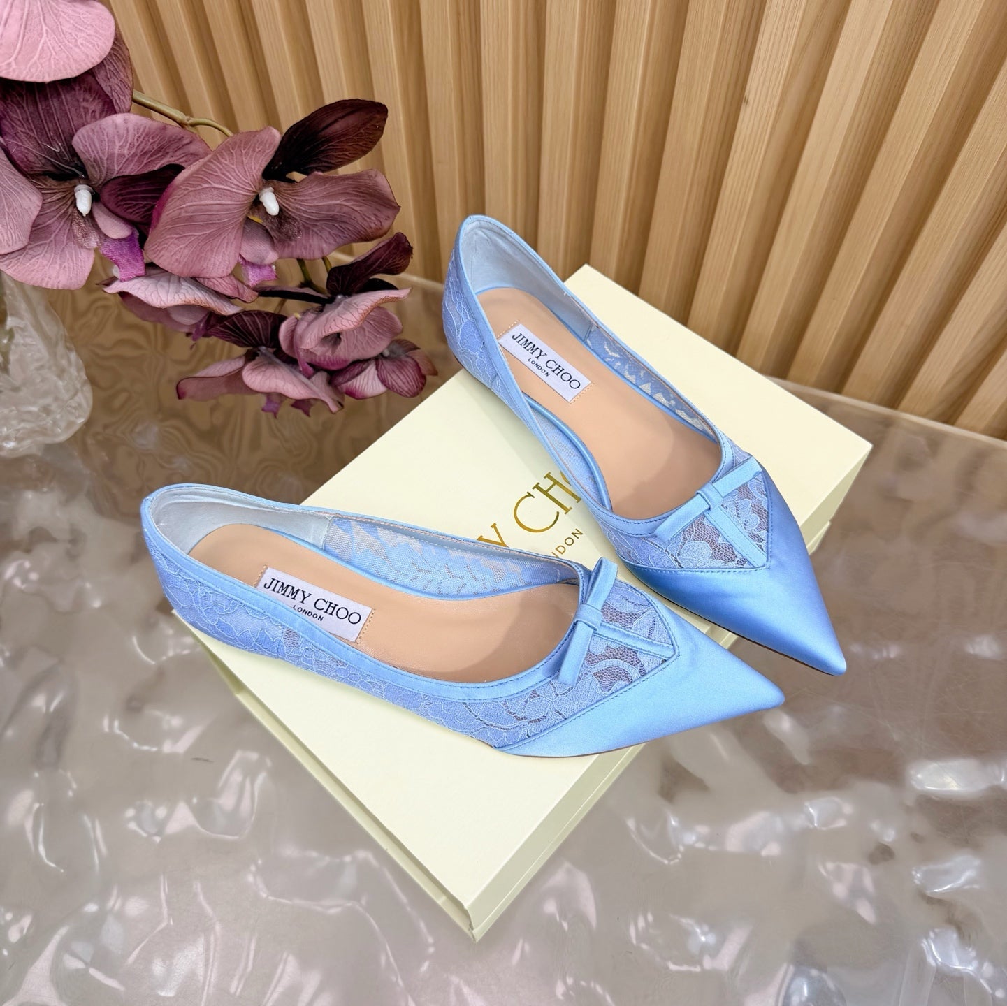 JIMMY CHOO 26S FLATS IN SKY BLUE LACE AND SATIN