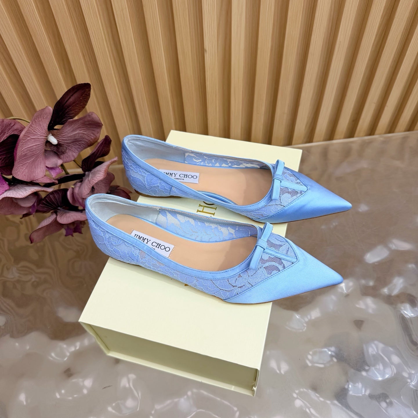 JIMMY CHOO 26S FLATS IN SKY BLUE LACE AND SATIN