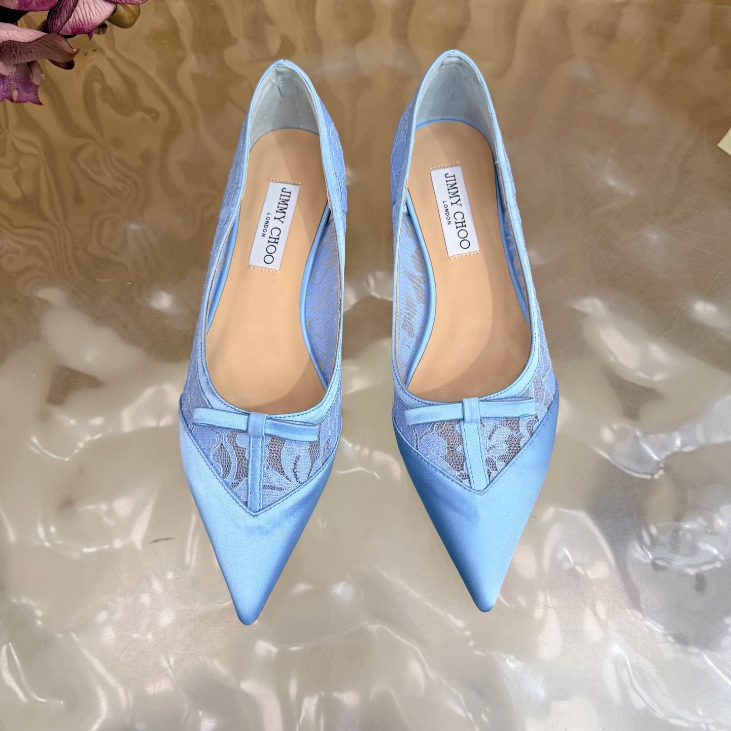JIMMY CHOO 26S FLATS IN SKY BLUE LACE AND SATIN