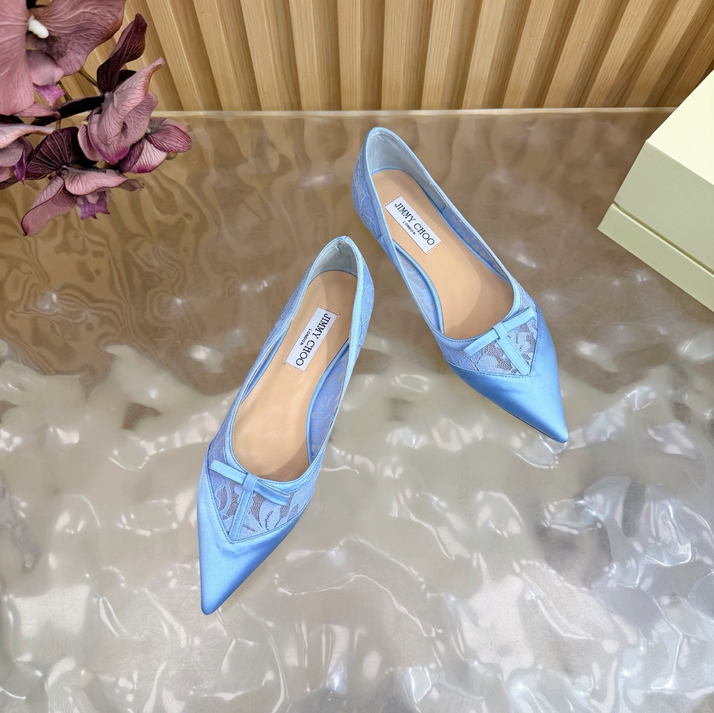 JIMMY CHOO 26S FLATS IN SKY BLUE LACE AND SATIN