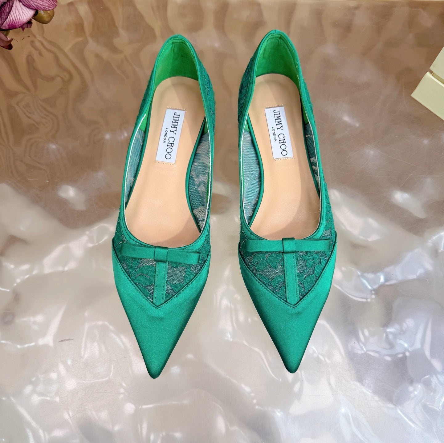 JIMMY CHOO 26S FLATS IN GREEN LACE AND SATIN