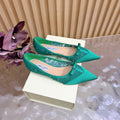 JIMMY CHOO 26S FLATS IN GREEN LACE AND SATIN
