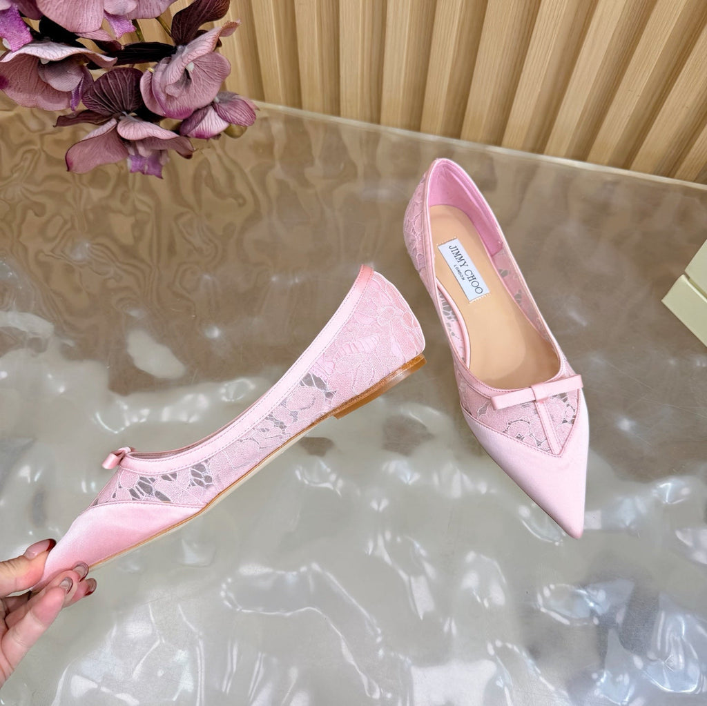 JIMMY CHOO 26S FLATS IN LIGHT PINK LACE AND SATIN