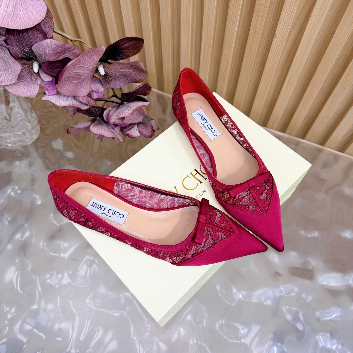 JIMMY CHOO 26S FLATS IN RED LACE AND SATIN