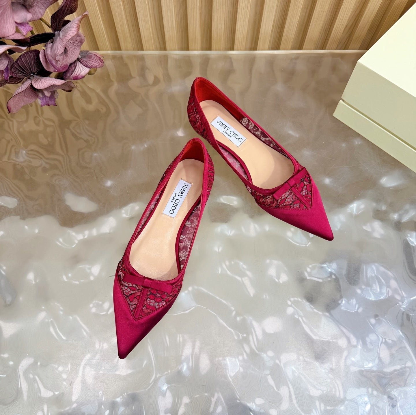 JIMMY CHOO 26S FLATS IN RED LACE AND SATIN