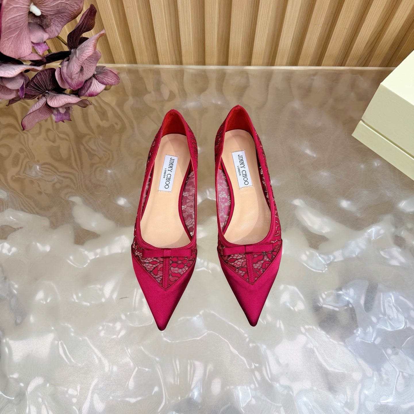 JIMMY CHOO 26S FLATS IN RED LACE AND SATIN