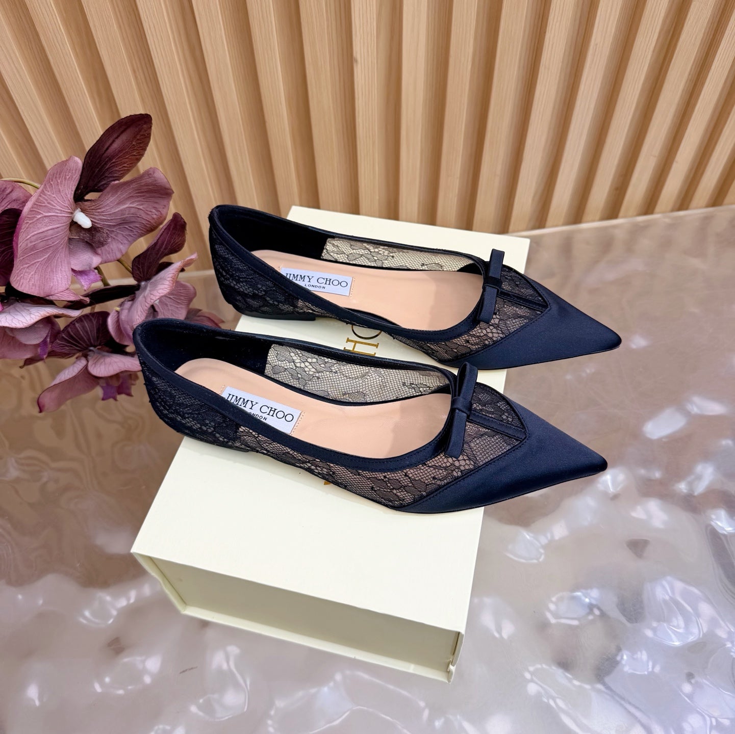 JIMMY CHOO 26S FLATS IN BLACK LACE AND SATIN