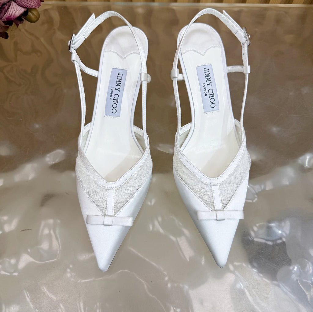 JIMMY CHOO 26S SLINGBACK HEELS 65 MM IN WHITE MESH AND SATIN