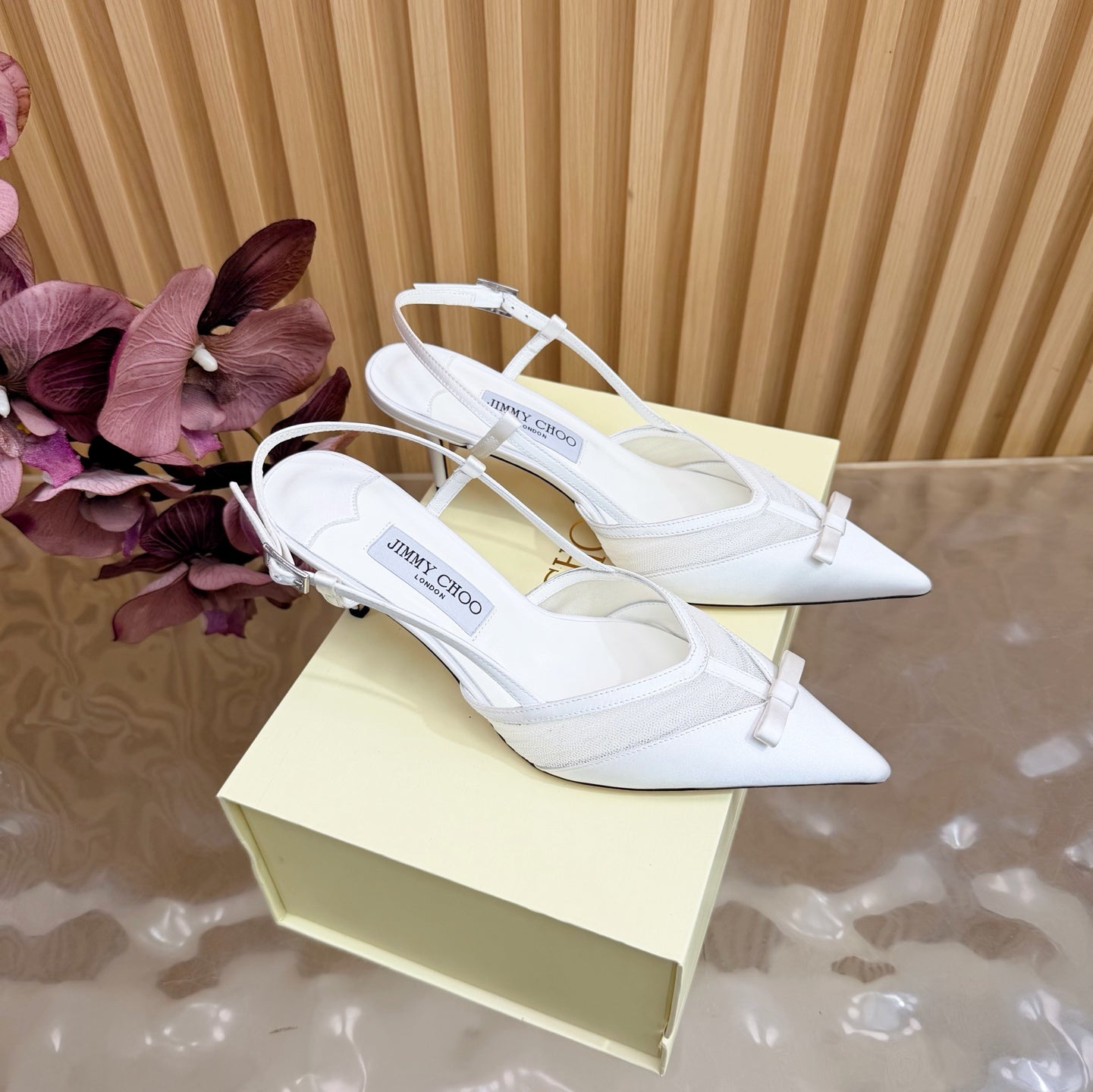 JIMMY CHOO 26S SLINGBACK HEELS 65 MM IN WHITE MESH AND SATIN