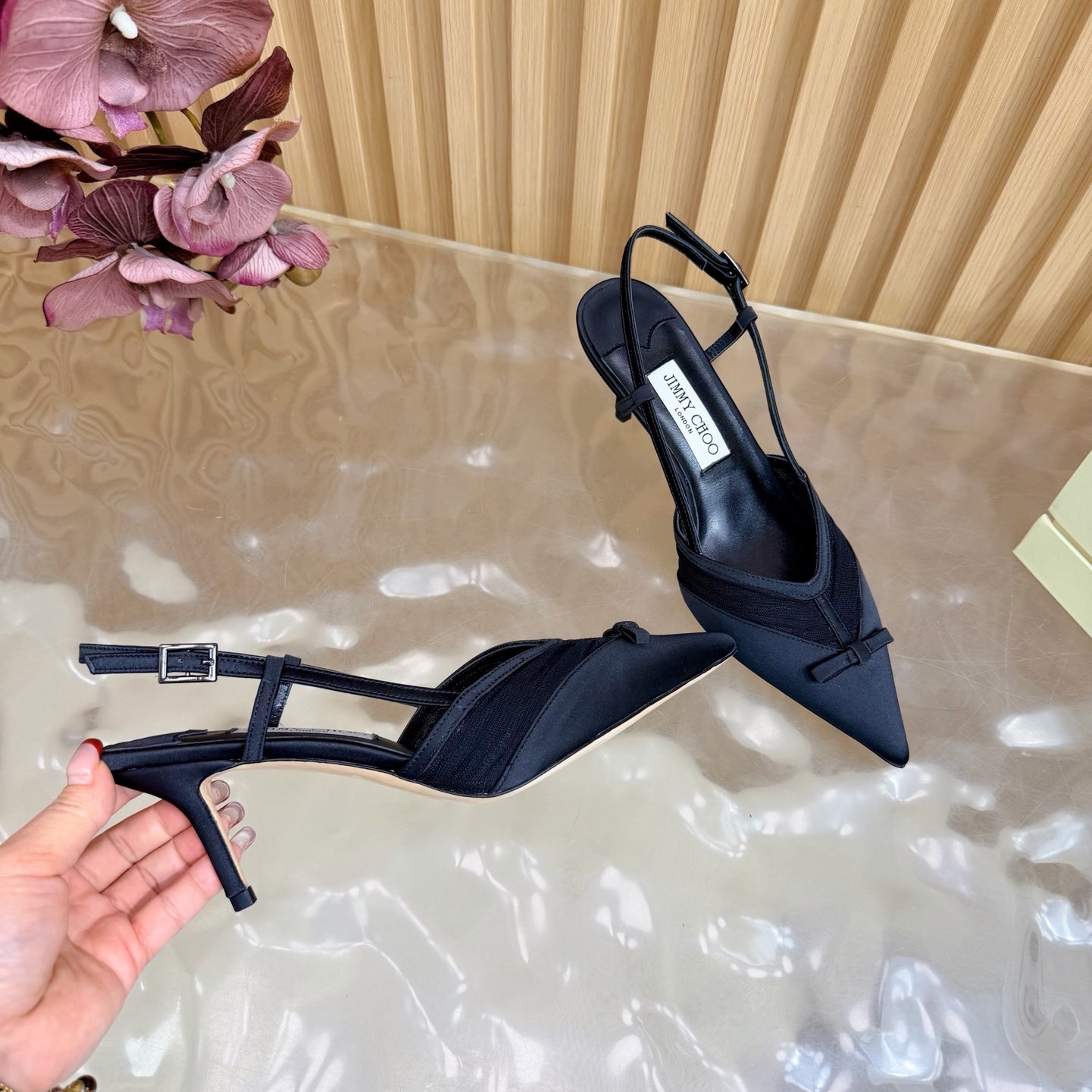 JIMMY CHOO 26S SLINGBACK HEELS 65 MM IN BLACK MESH AND SATIN