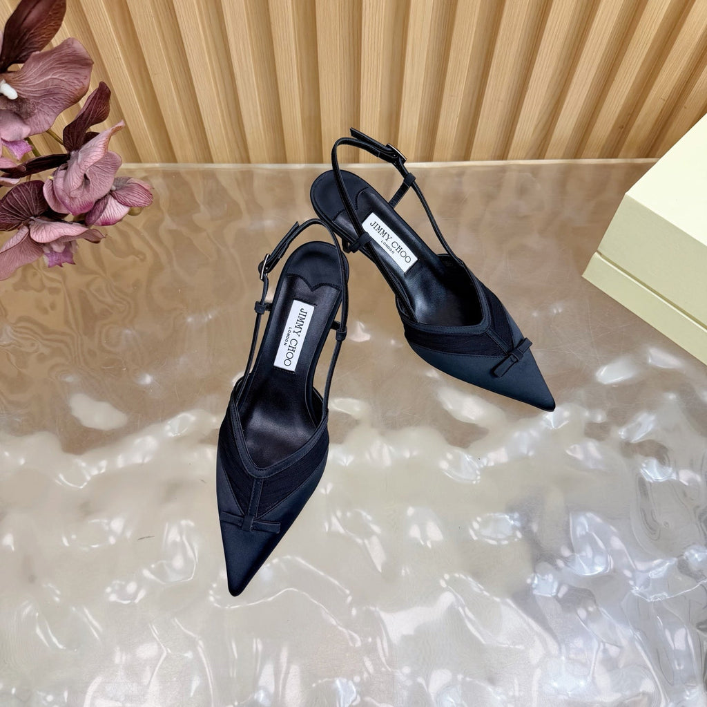 JIMMY CHOO 26S SLINGBACK HEELS 65 MM IN BLACK MESH AND SATIN