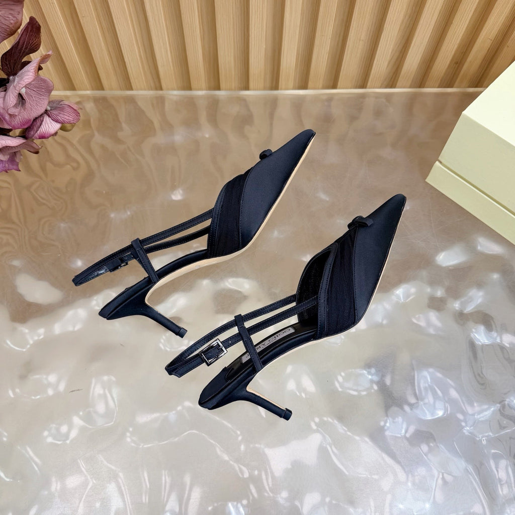 JIMMY CHOO 26S SLINGBACK HEELS 65 MM IN BLACK MESH AND SATIN