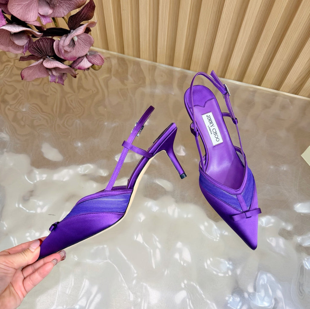 JIMMY CHOO 26S SLINGBACK HEELS 65 MM IN DARK PURPLE MESH AND SATIN
