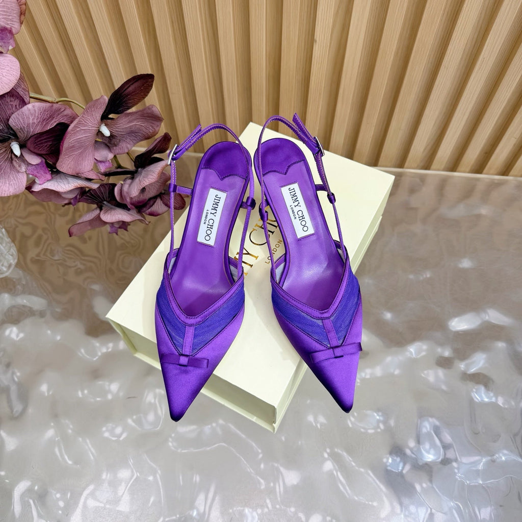 JIMMY CHOO 26S SLINGBACK HEELS 65 MM IN DARK PURPLE MESH AND SATIN