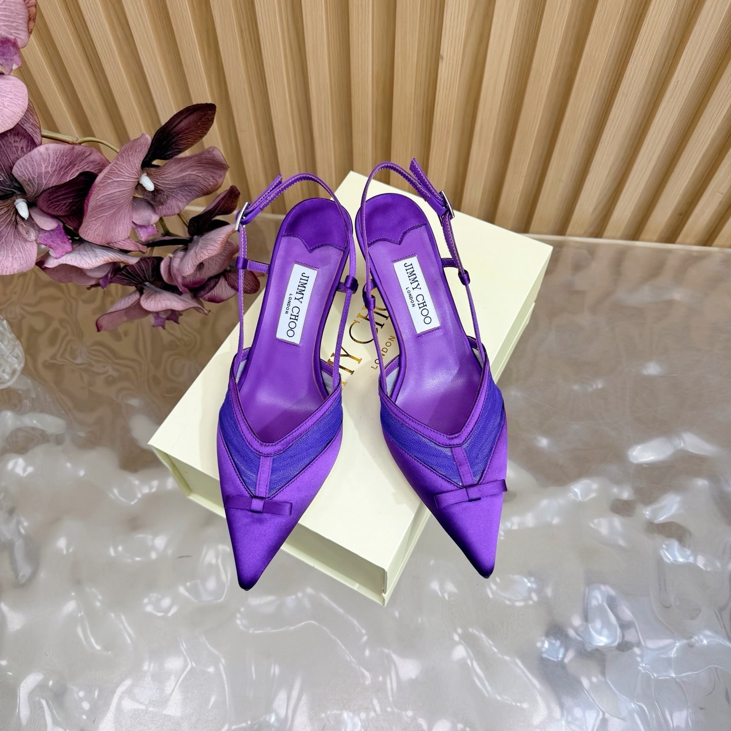JIMMY CHOO 26S SLINGBACK HEELS 65 MM IN DARK PURPLE MESH AND SATIN
