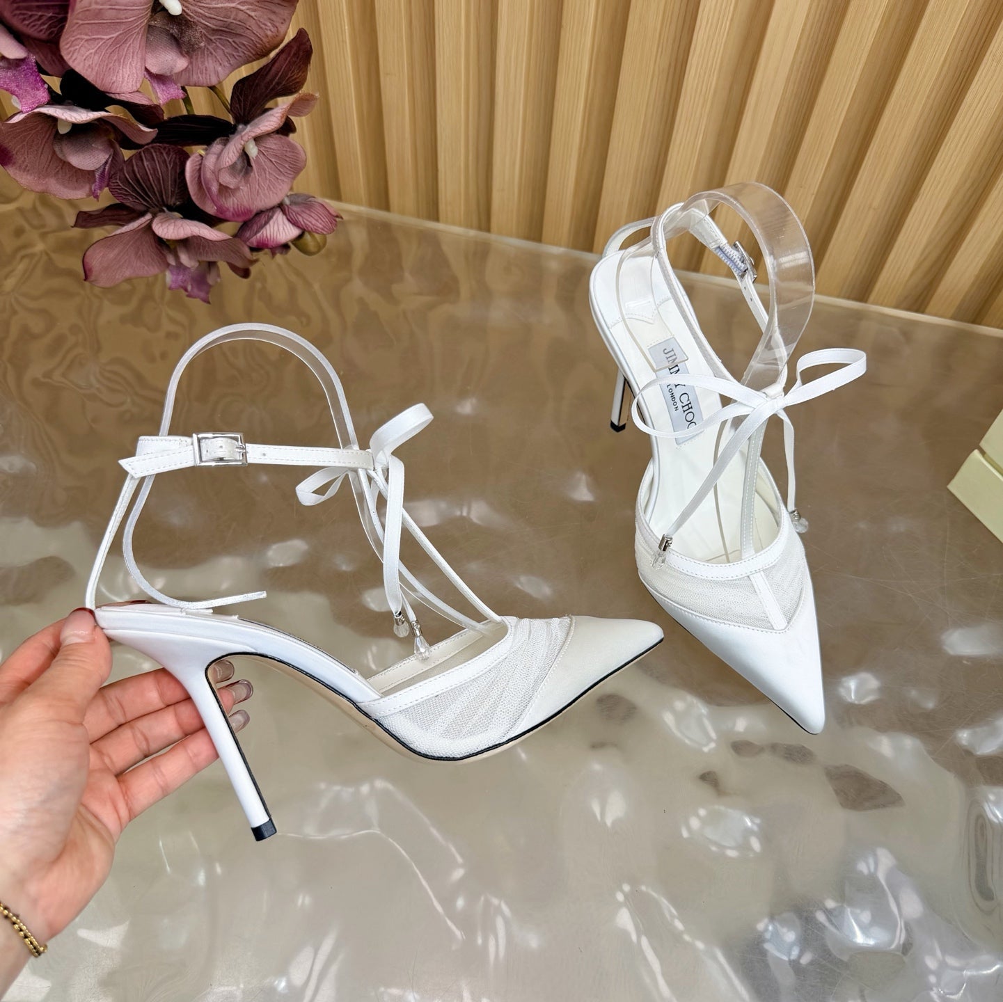 JIMMY CHOO 26S HIGH HEELS 105 MM IN WHITE MESH AND SATIN