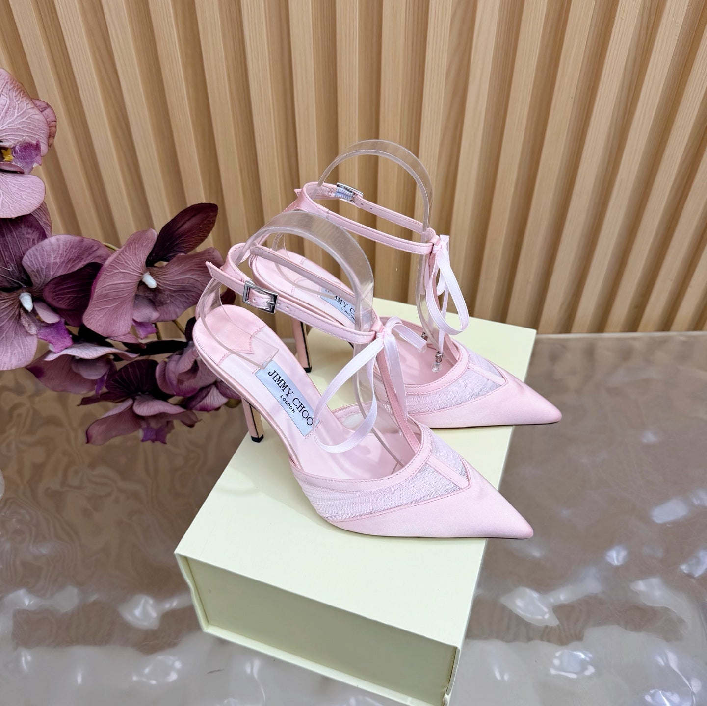 JIMMY CHOO 26S HIGH HEELS 105 MM IN LIGHT PINK MESH AND SATIN