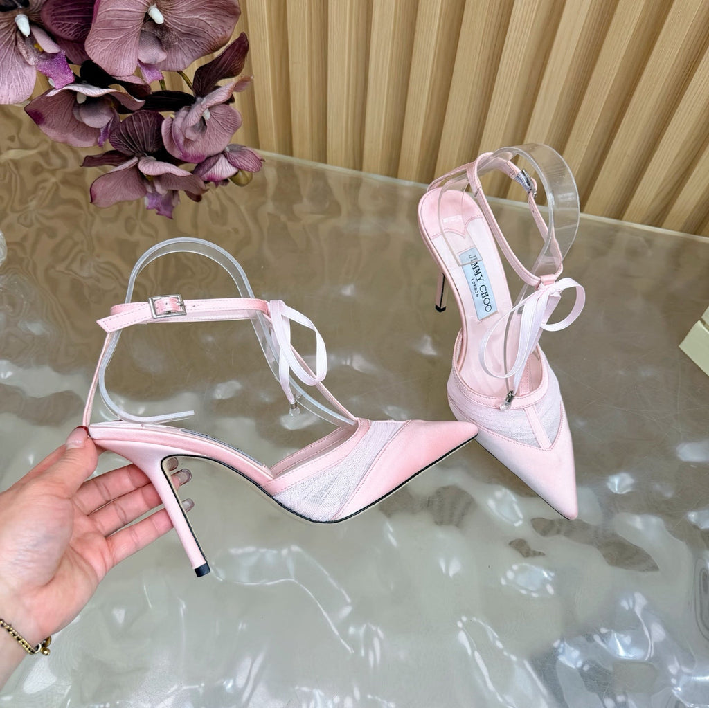 JIMMY CHOO 26S HIGH HEELS 105 MM IN LIGHT PINK MESH AND SATIN