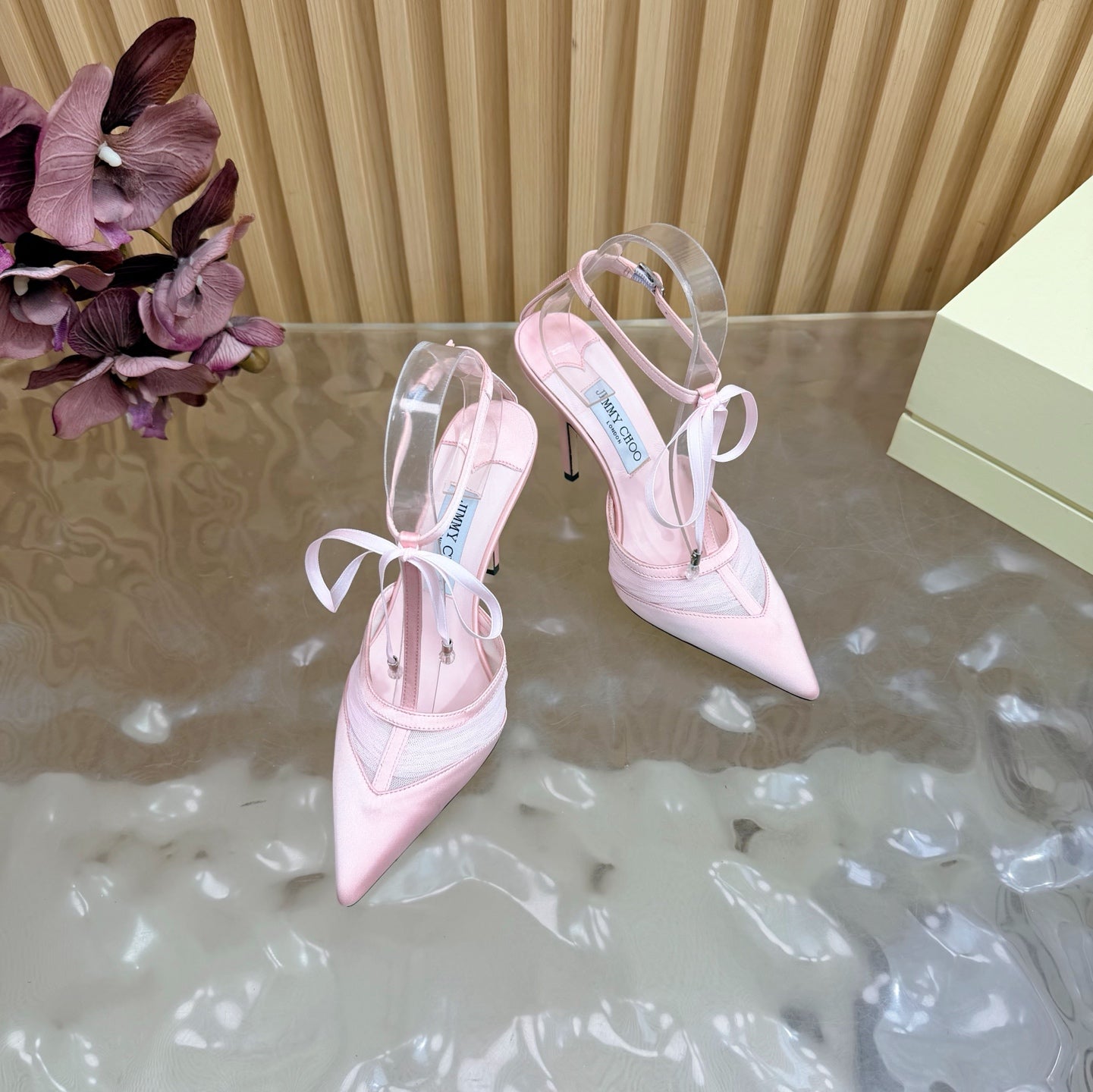 JIMMY CHOO 26S HIGH HEELS 105 MM IN LIGHT PINK MESH AND SATIN