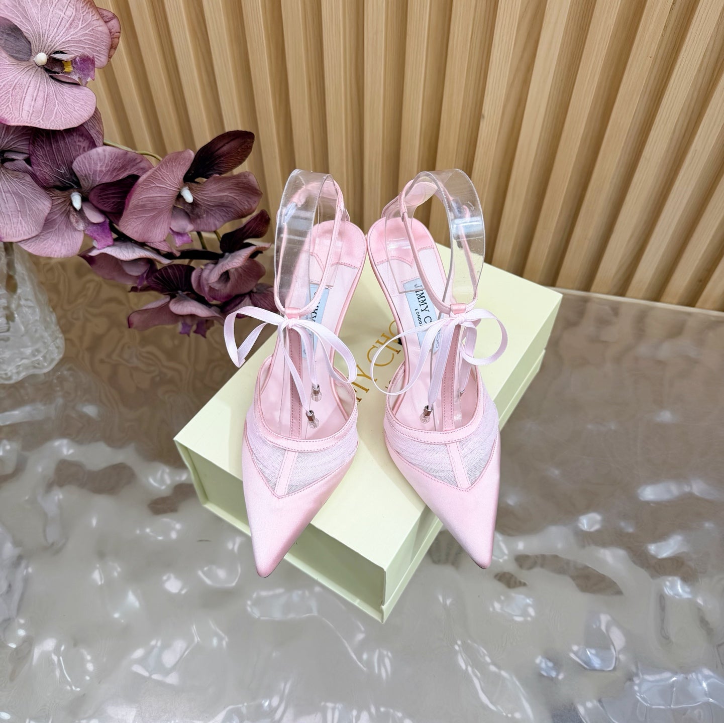JIMMY CHOO 26S HIGH HEELS 105 MM IN LIGHT PINK MESH AND SATIN