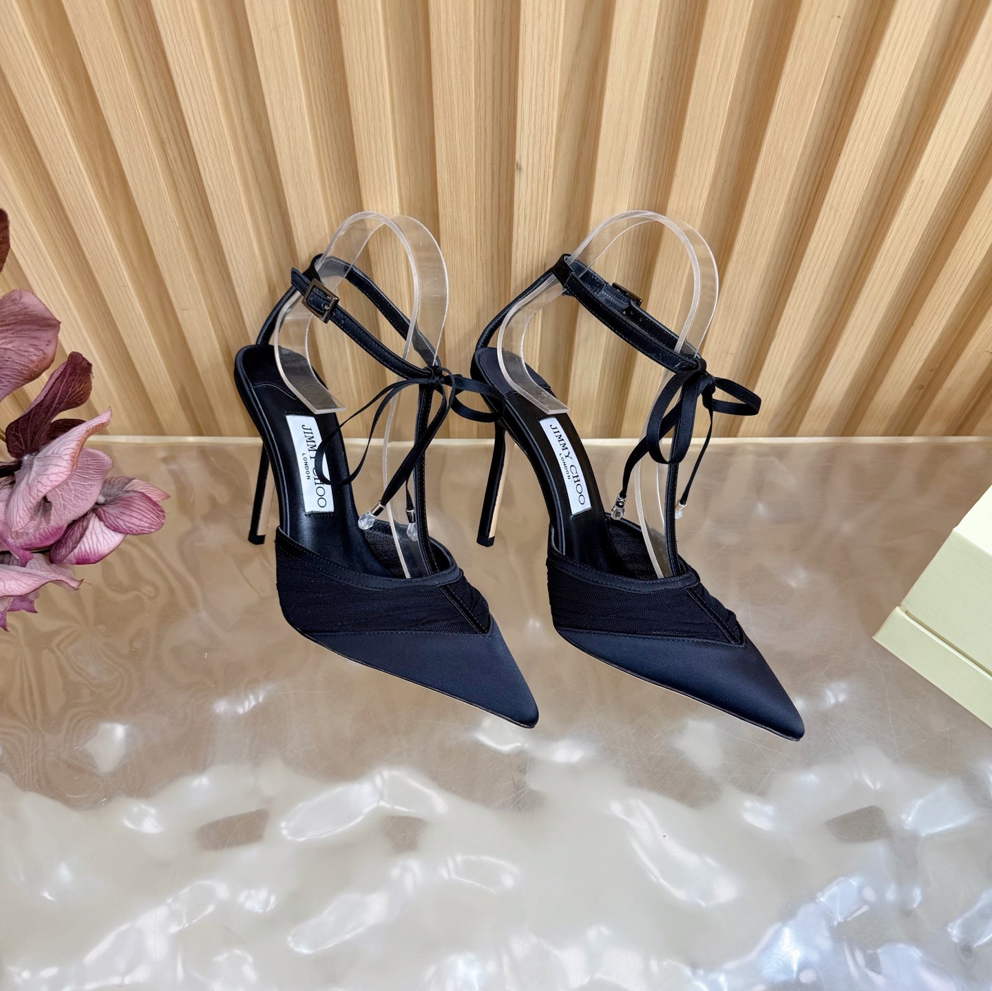 JIMMY CHOO 26S HIGH HEELS 105 MM IN BLACK MESH AND SATIN