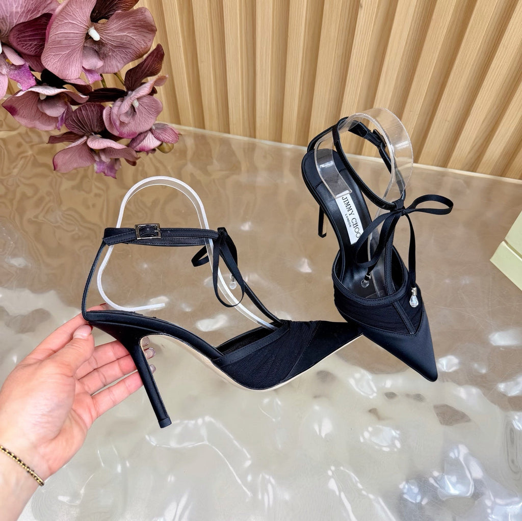 JIMMY CHOO 26S HIGH HEELS 105 MM IN BLACK MESH AND SATIN