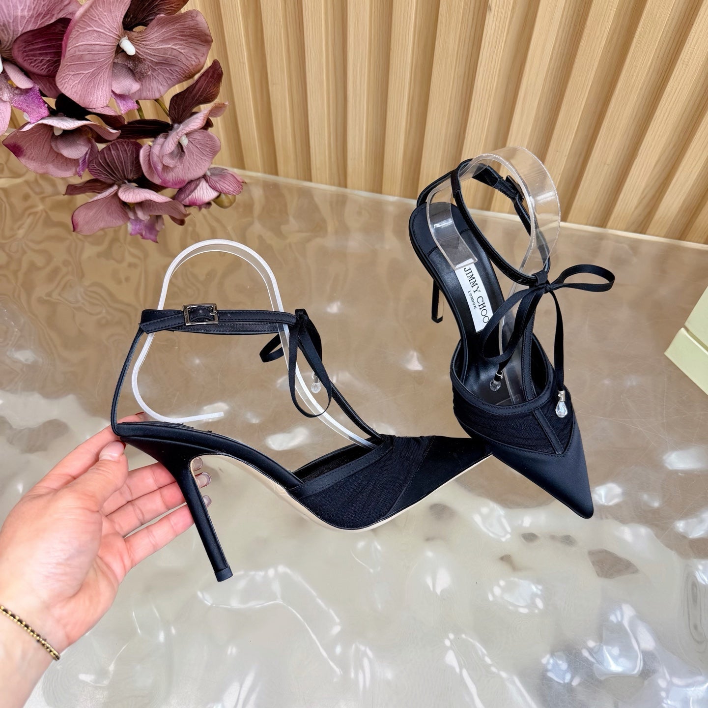 JIMMY CHOO 26S HIGH HEELS 105 MM IN BLACK MESH AND SATIN