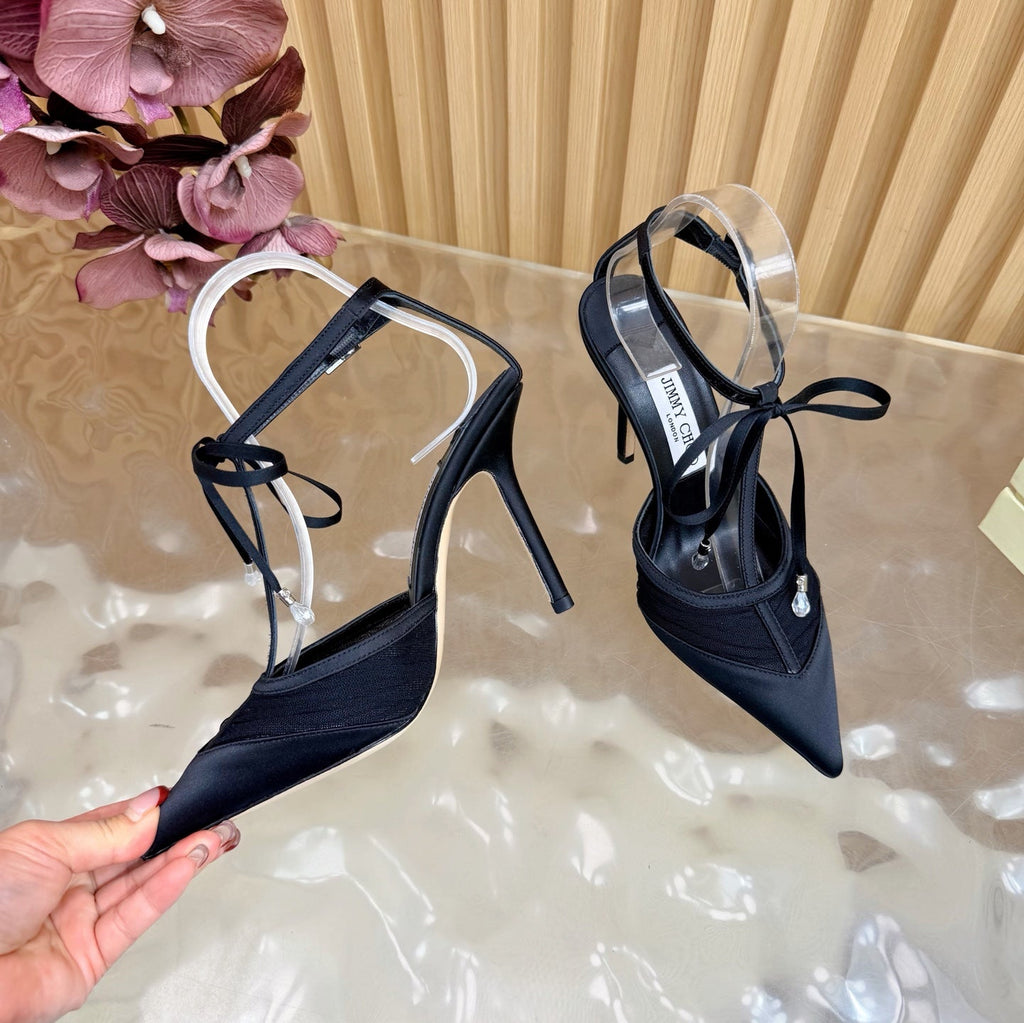JIMMY CHOO 26S HIGH HEELS 105 MM IN BLACK MESH AND SATIN