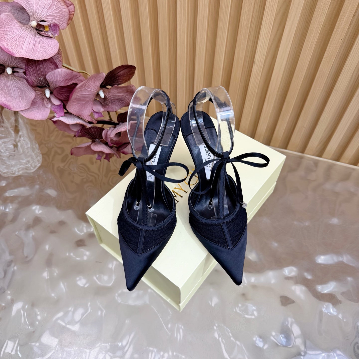 JIMMY CHOO 26S HIGH HEELS 105 MM IN BLACK MESH AND SATIN