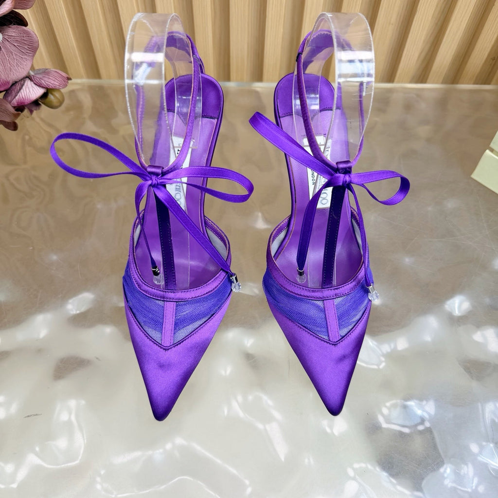 JIMMY CHOO 26S HIGH HEELS 105 MM IN DARK PURPLE MESH AND SATIN