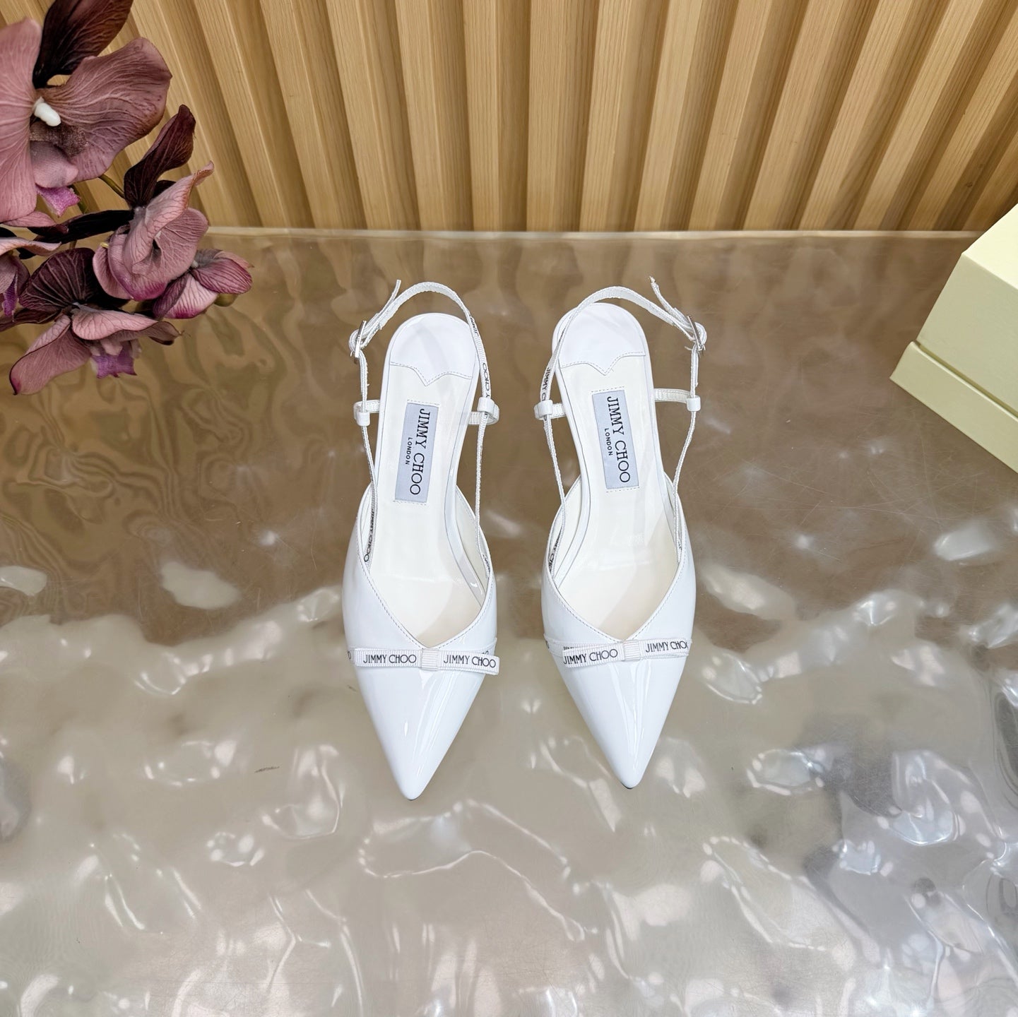 JIMMY CHOO 26S SLINGBACK HEELS 65 MM IN WHITE PATENT CALFSKIN