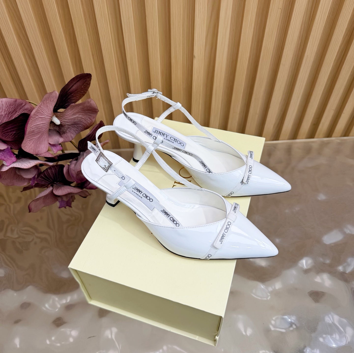 JIMMY CHOO 26S SLINGBACK HEELS 65 MM IN WHITE PATENT CALFSKIN