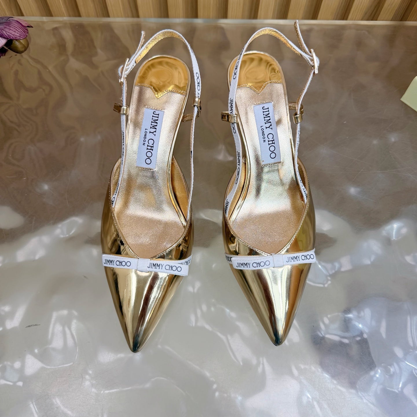 JIMMY CHOO 26S SLINGBACK HEELS 65 MM IN GOLD PATENT CALFSKIN