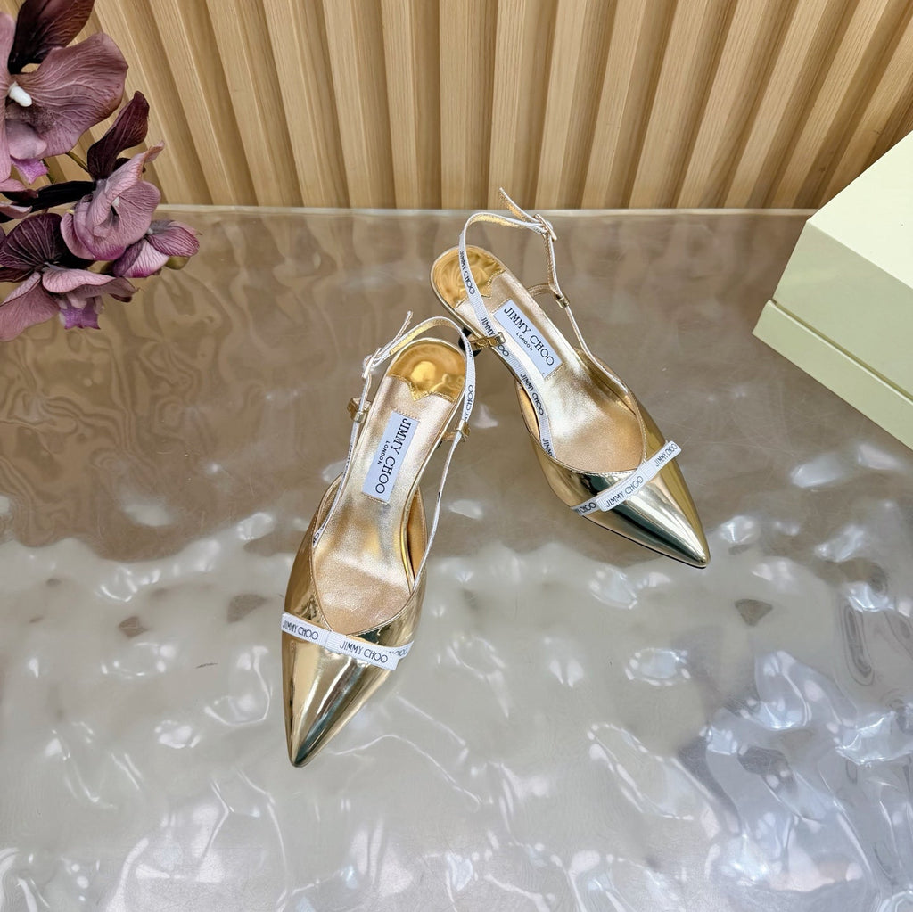 JIMMY CHOO 26S SLINGBACK HEELS 65 MM IN GOLD PATENT CALFSKIN