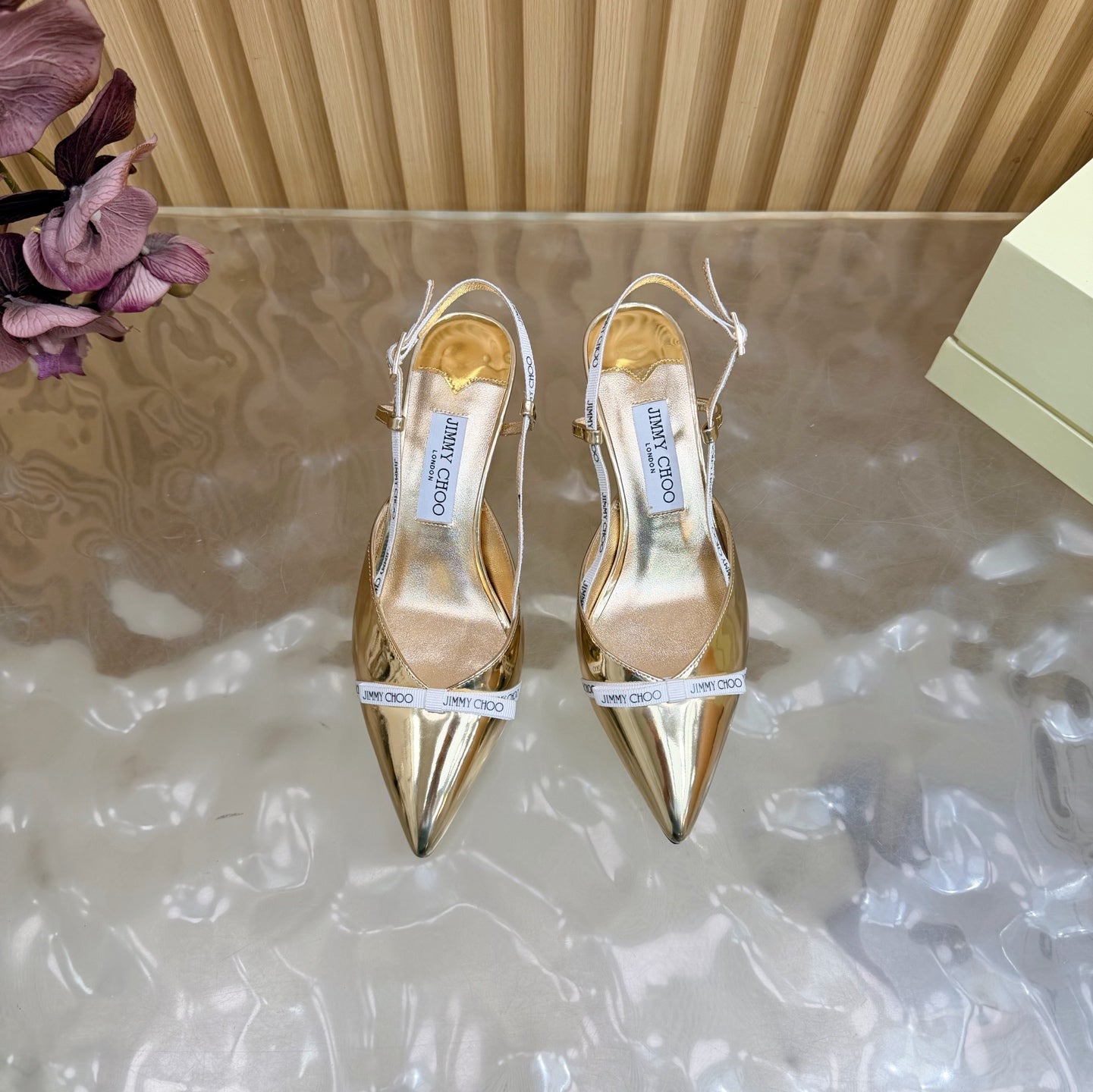 JIMMY CHOO 26S SLINGBACK HEELS 65 MM IN GOLD PATENT CALFSKIN