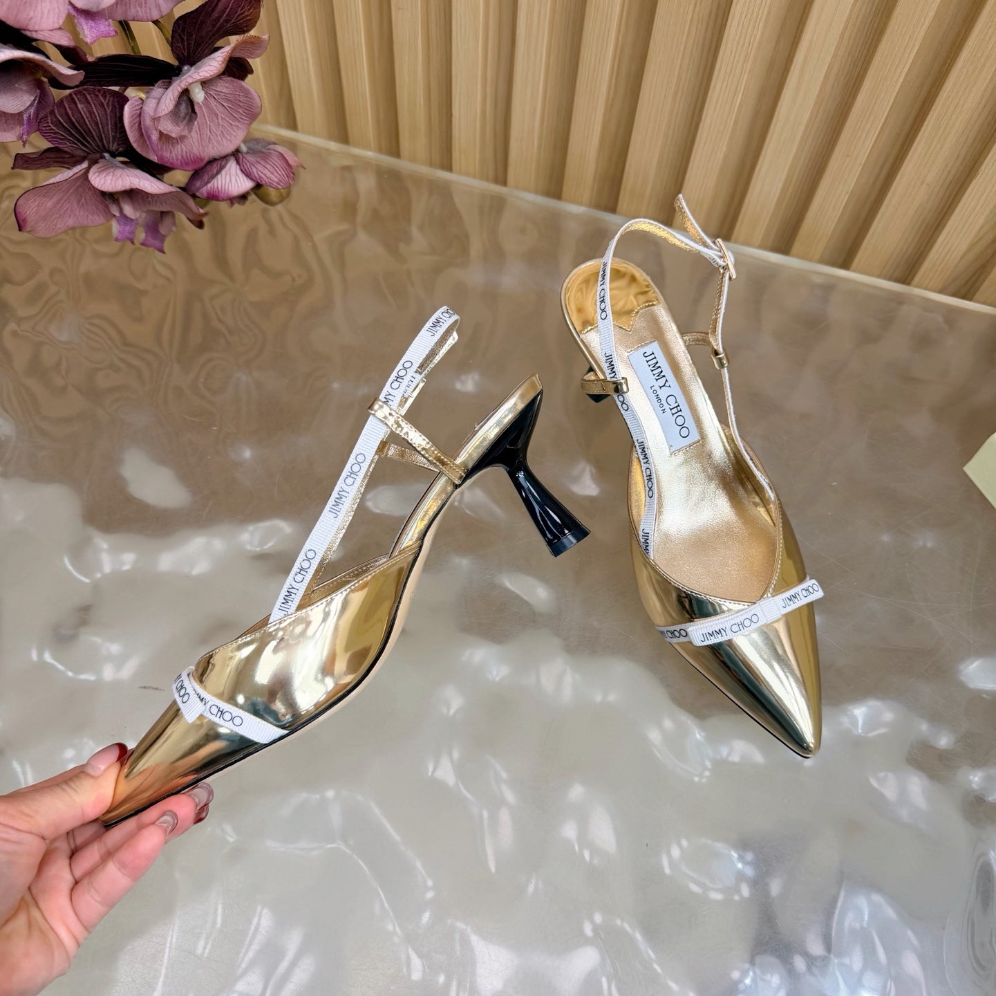 JIMMY CHOO 26S SLINGBACK HEELS 65 MM IN GOLD PATENT CALFSKIN