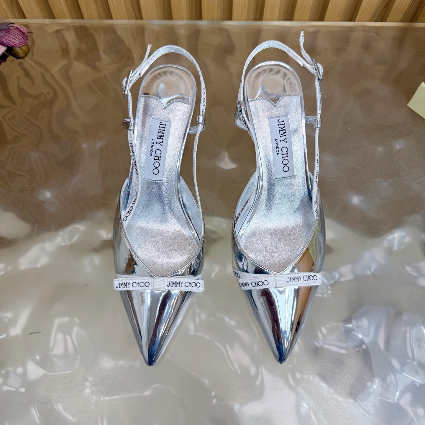 JIMMY CHOO 26S SLINGBACK HEELS 65 MM IN SILVER PATENT CALFSKIN
